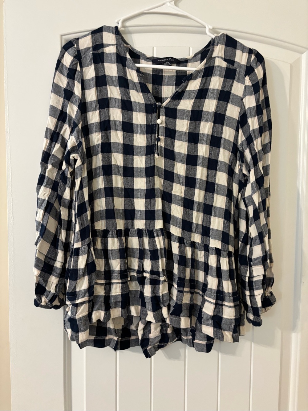American Eagle Outfitters Navy and White Plaid Peplum Tunic